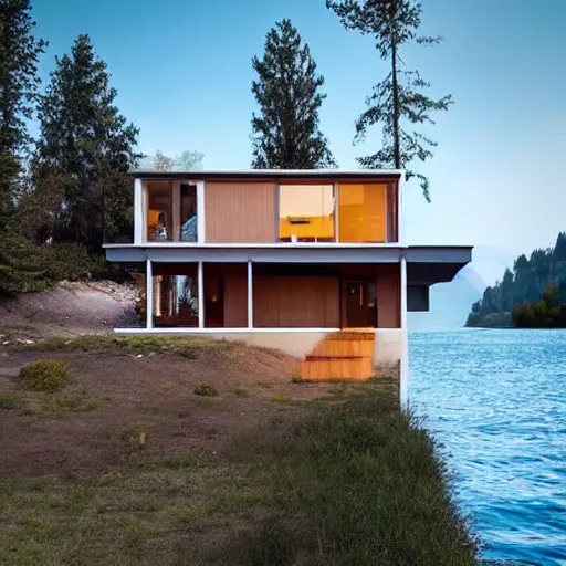 Image similar to wes anderson style modern house near the lake