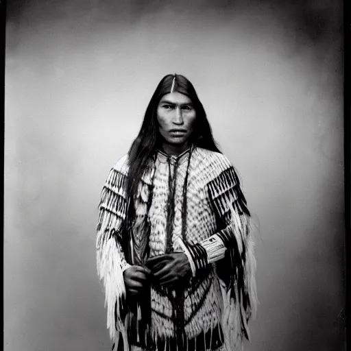 Prompt: young thin native American man wearing buckskin shirt