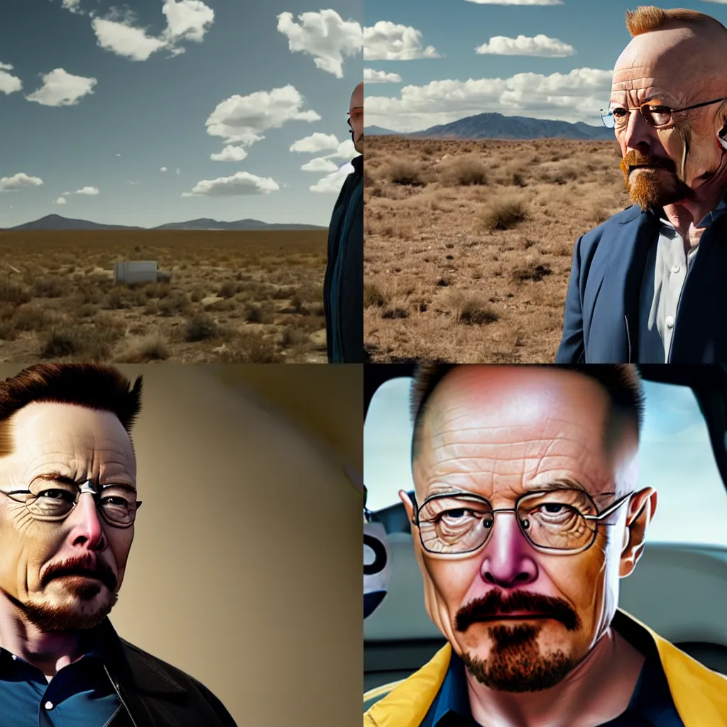 Prompt: a breaking bad still of elon musk as Walter White, 8k, high detailed photo