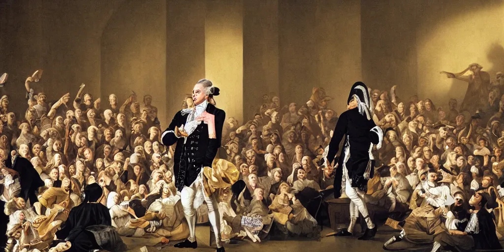 Image similar to wolfgang amadeus mozart performing a rap concert in front of ducks, the crowd are ducks, he is wearing clothes like money boy, he ha swag, the groupies are waiting in a queue to get their turn