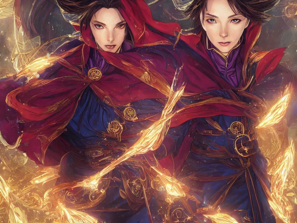 Image similar to anime key visual of one beautiful female doctor strange, marvel comics, spells, magic, intricate, inside magical temple stunning, highly detailed, digital painting, artstation, smooth, hard focus, illustration, art by artgerm and greg rutkowski and alphonse mucha