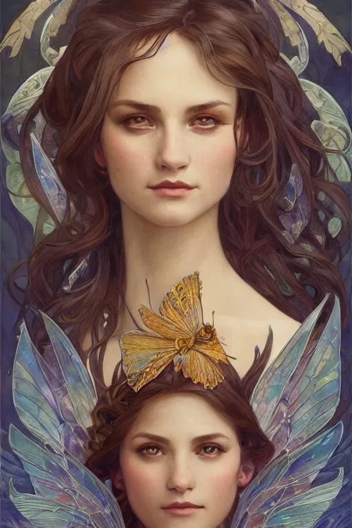 Prompt: portrait of a beautiful fairy with wings, headshot, symmetrical, elegant, regal, intricate, twilight background, highly detailed, digital painting, artstation, sharp focus, watercolor, muted color, complementary colors, art by artgerm, greg rutkowski and alphonse mucha