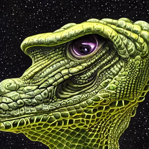 Prompt: portrait of a representative of a high - tech race of reptile from another galaxy, highly detailed, realistic, sharp focus