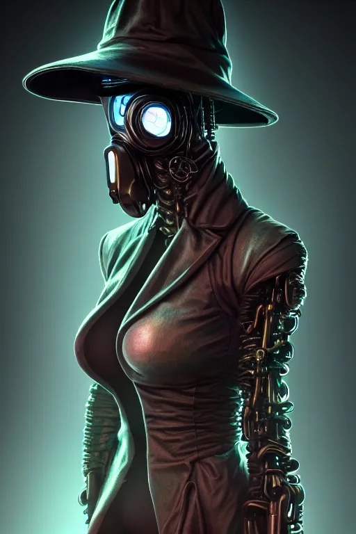 Prompt: 3 / 4 stunning photorealistic portrait of a female plague doctor in a kowloon! cyberpunk cityscape, bioluminescent biomechanical bodysuit, fractal acid rain, dark fantasy, by artgerm and sorayama and alphonse mucha, ultrarealistic, hyperdetailed, trending on artstation, octane render