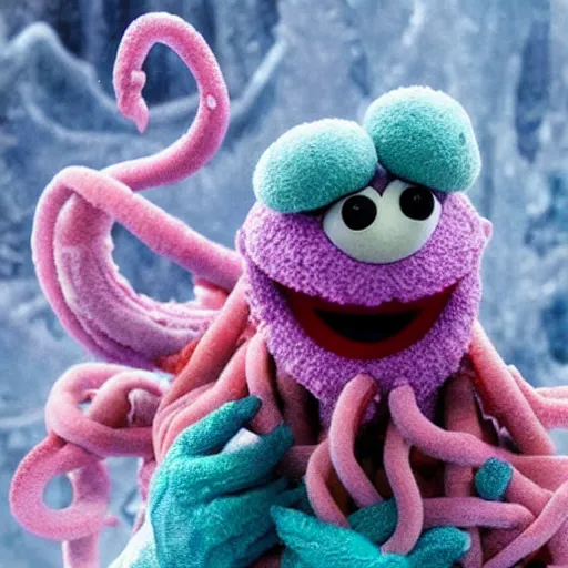 Prompt: an ethereal live action muppet with a squid like parasite latched onto its head and four long tentacle arms that flow lazily but gracefully at its sides like a cloak while it floats around a frozen rocky tundra in the snow searching for lost souls and that hides amongst the shadows in the trees, this is a real muppet by sesame street, photo realistic, real, realistic, felt, stopmotion, photography, sesame street