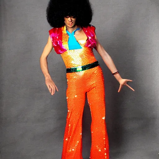 Image similar to 70's disco dancer, afro, disco clothes, dancing clothes, 70s dancing clothes, photography, retro, retro colors, retro designs, retro disco party