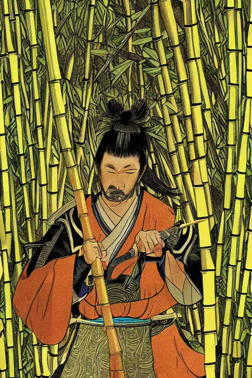 Image similar to close up of samurai warrior in a bamboo forest, an illustration by joe david benzal