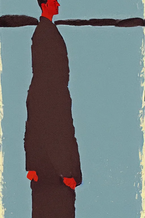 Image similar to man standing by a river, 1960’s minimalist advertising illustration, painterly, expressive brush strokes