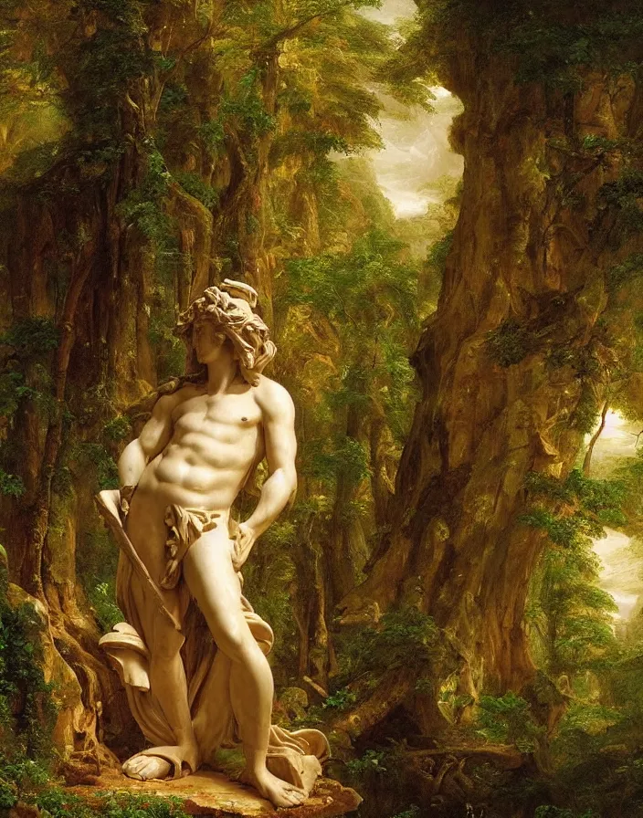 Prompt: an ancient greek statue lost in a gigantic forest by thomas cole, painting, cinematography, epic lighting,