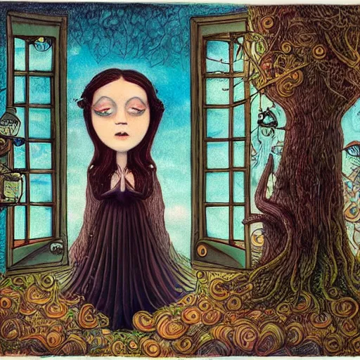 Image similar to a portrait of a woman standing infront of a window, she is happy and has lovely hair and eyes, a man is standing behind her with a look of suprise in his face, 🪴🌳🐝, 8 k, lowbrow, in the style of daniel merriam and alexander jansson,