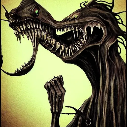 Prompt: nightmare creatures, tim Burton style, dark, horror, realistic, big teeth