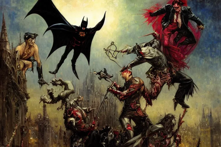 Image similar to vampire batman and zombie robin vs. joker van helsing. art by gaston bussiere.