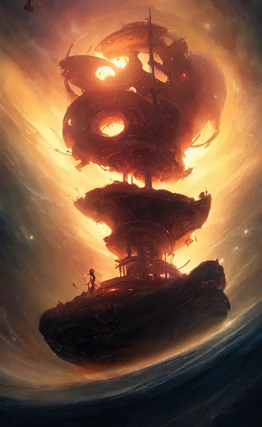 Image similar to a beautiful illustration of a black hole devouring a pirate ship in a galactic nebula, art of greg rutkowski and magali villeneuve and artgerm, featured on artstation, vertical orientation