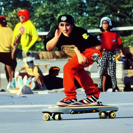 Prompt: a dodo wearing street clothes, a backwards ballcap and gold chain around its neck, surfing on on a hover board at a skate park at the beach, 1990s cartoon, teenage mutant ninja turtles