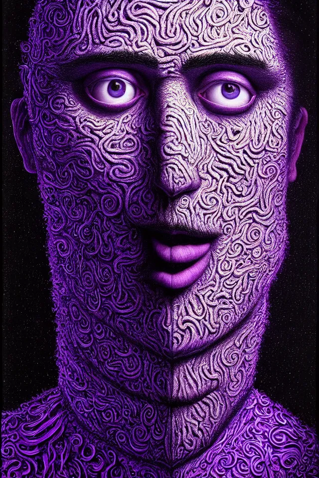 Image similar to bizarre purple blacklight detailed renaissance portrait of cookie monster as a highly detailed realistic real life person, dramatic cinematic lighting, 8 k, beautiful intricate painting by james r eads, modigliani and tomasz alen kopera