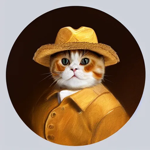 Prompt: Chubby Scottish fold cat wearing a cowboy hat portrait, atmospheric lighting, painted, golden ratio, golden hour, intricate, highly detailed by Rembrandt