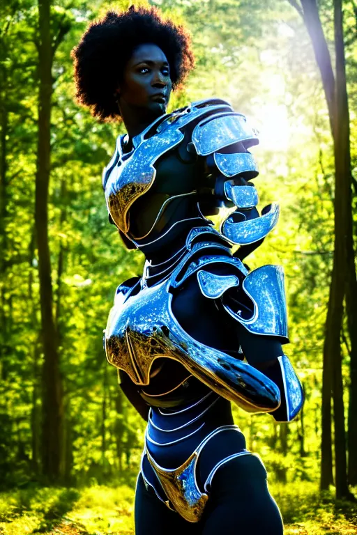 Image similar to hyperrealistic mithra goregous black woman exoskeleton bone armor in a forest sun behind her concept art eric zener elson peter cinematic blue light low angle hd 8k sharp shallow depth of field