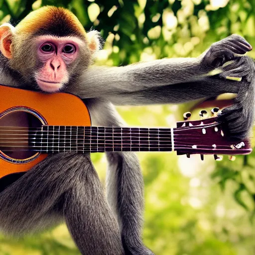 Image similar to a monkey playing the guitar while in a hammock, photorealistic, 4 k