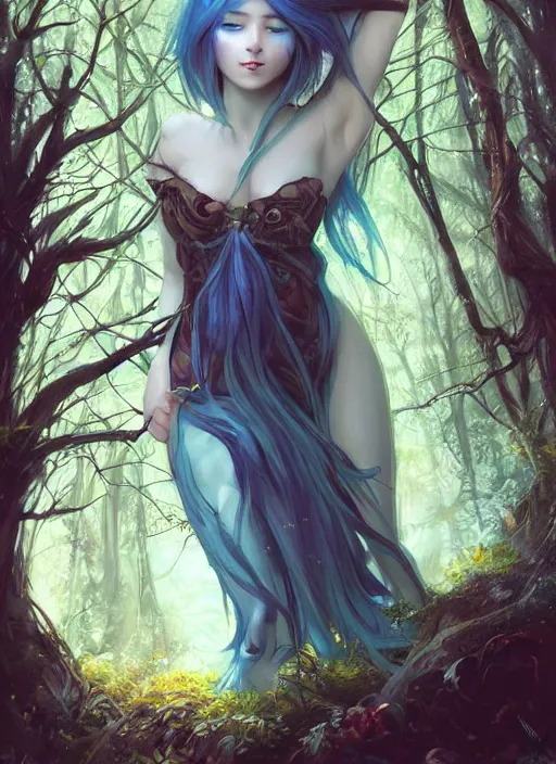 Image similar to stunningly beautiful female blue hair, dj sura face, fantasy art, fae priestess, lush forest landscape, dark light night, sharp focus, digital painting, 8 k, concept art, art by wlop, artgerm, greg rutkowski and alphonse mucha