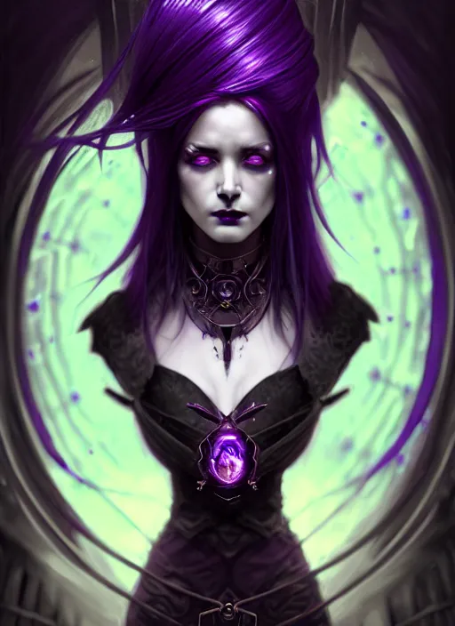 Prompt: a beautiful cinematic female Necromancer Sorceress, galatic shamen with Quantum energy fantasy, fantasy magic, short purple black fade hair, undercut hairstyle, dark light night, intricate, elegant, sharp focus, illustration, highly detailed, digital painting, concept art, matte, art by WLOP and Artgerm and Greg Rutkowski and Alphonse Mucha, masterpiece