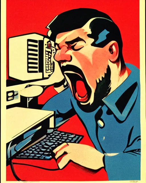 Image similar to soviet propaganda poster of an angry communist developer yelling at his computer