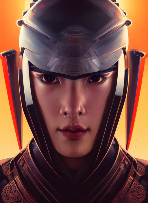 Image similar to symmetry!! portrait of futuristic samurai, sci - fi, tech wear, intricate, elegant, highly detailed, hyperrealistic, digital painting, artstation, cinematic lighting, concept art, smooth, sharp focus, illustration, art by artgerm and greg rutkowski and alphonse mucha, 8 k