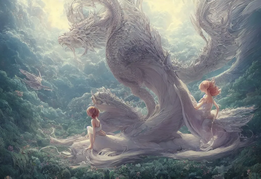 Image similar to the beautiful hyper detailed scene render that a lonely single beautiful girl lies in the arms of a huge silver dragon alone in the fairyland surrounded by white clouds, in the style of makoto shinkai victo ngai and peter mohrbacher studio ghibli artgerm karol bak beeple, animation style, 8 k hd, dream, ultra wide angle, animation style