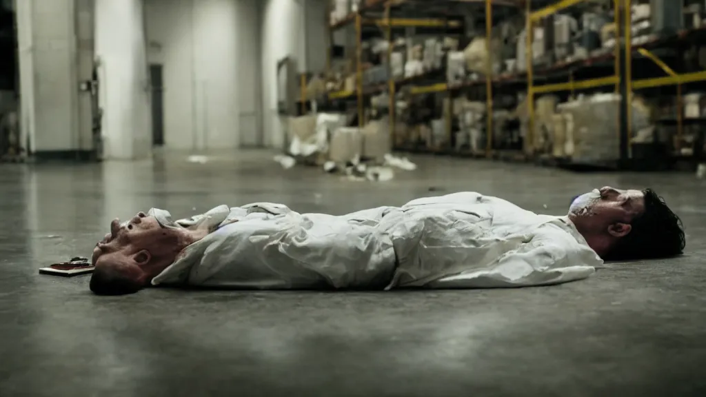 Prompt: film still of a wounded man in a white shirt laying in a warehouse next to a gun on the ground. moody, grainy, 4 k, high detail, aesthetic, good composition, anatomically correct, directed by wes anderson,
