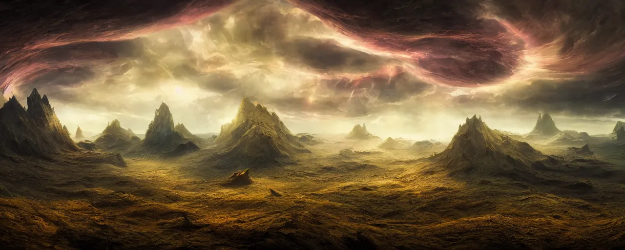 Prompt: otherworldly surreal landscape by wayne barlow, [ cinematic, colorful, epic, whimsical, fantasy, opening shot, establishing, mattepainting, 4 k ]