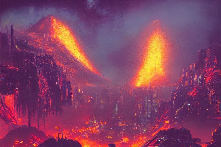 Image similar to a cyberpunk city in the crater of a volcano, lava flowing, smoke, fire, neon, industrial, by paul lehr