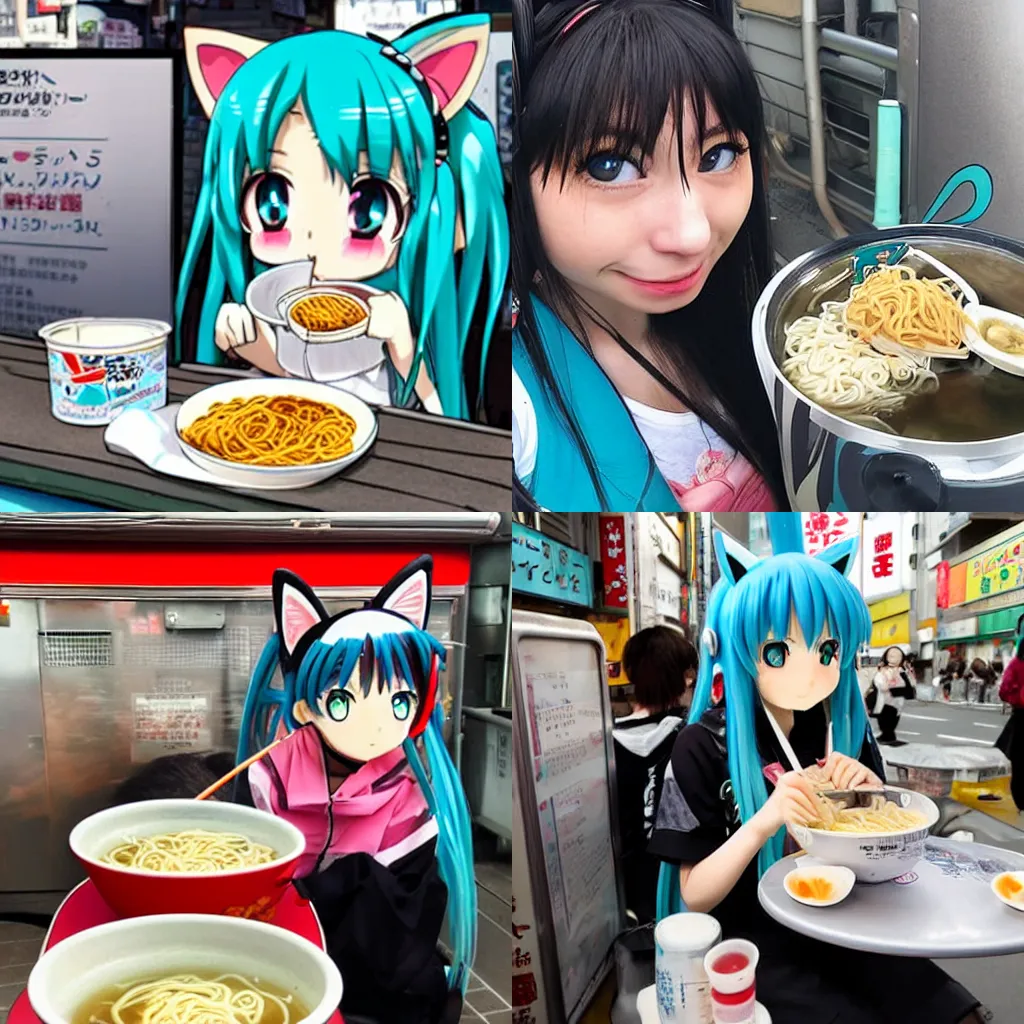 Prompt: a anime cat girl Hatsune Miku eating noodles at a ramen cart in Japan