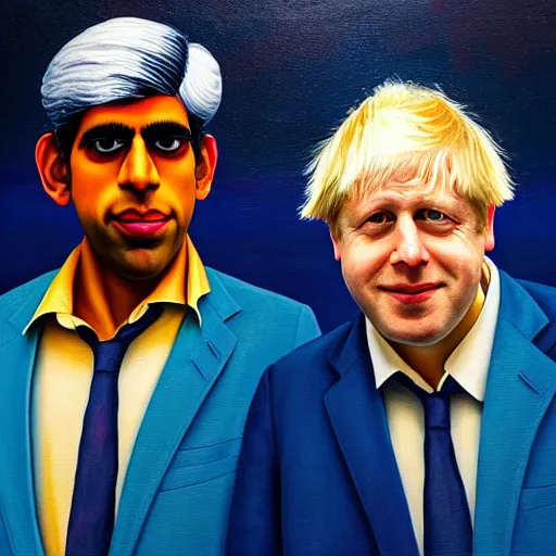 Prompt: rishi sunak and boris johnson on mars, abstract oil painting by gottfried helnwein pablo amaringo raqib shaw zeiss lens sharp focus high contrast chiaroscuro gold complex intricate bejeweled