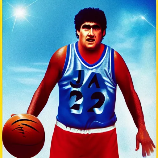 Prompt: a film poster of space jam with maradona, photorealistic film grain,