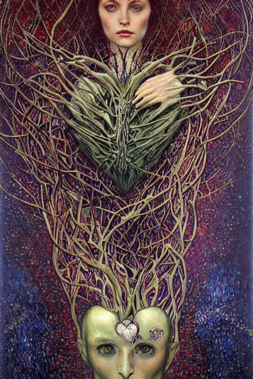 Image similar to Heart of Thorns by Karol Bak, Jean Deville, Gustav Klimt, and Vincent Van Gogh, portrait of an anatomical heart, sacred heart, Surreality, otherworldly, infernal enigma, Helliquary, fractal structures, celestial, arcane, ornate gilded medieval icon, third eye, spirals, dramatic sharp thorns, rich deep moody colors