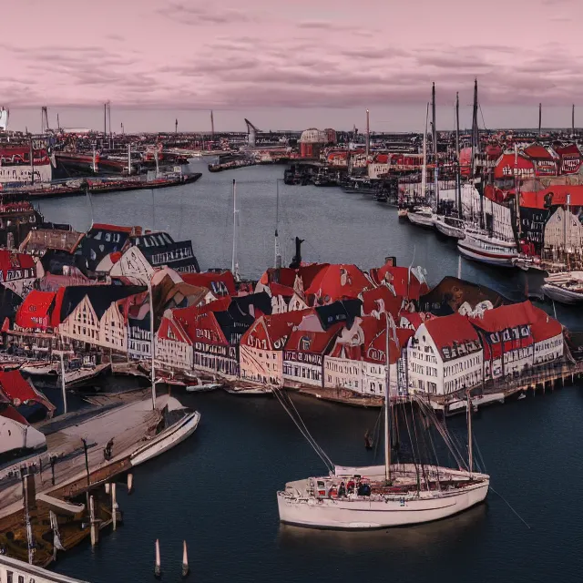 Image similar to copenhagen denmark with new england colonial buildings on a harbor, pink ice cream mountain in the distance, cinematic, volumetric, realistic, cinematic lighting, ray tracing, unreal engine 5, octane render, hyper realistic, photo, 8 k