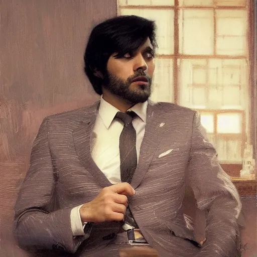 Prompt: detailed cinematic wide shot of sucession atractive man black hair black suit smooth, sharp focus, ultra realistic, in corporate office spring light, painting by gaston bussiere, craig mullins, j. c. leyendecker