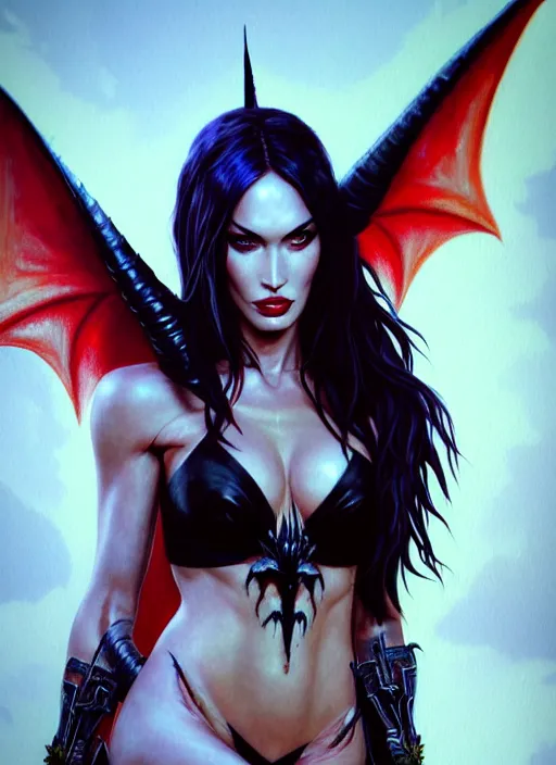 Image similar to portrait of megan fox as a evil demon with hornes, batwings, hell, jewelry, greek, dark, intricate, headshot, key visual, conceptart, ambient lighting, highly detailed, digital painting, artstation, concept art, sharp focus, by makoto shinkai and akihiko yoshida and greg manchess