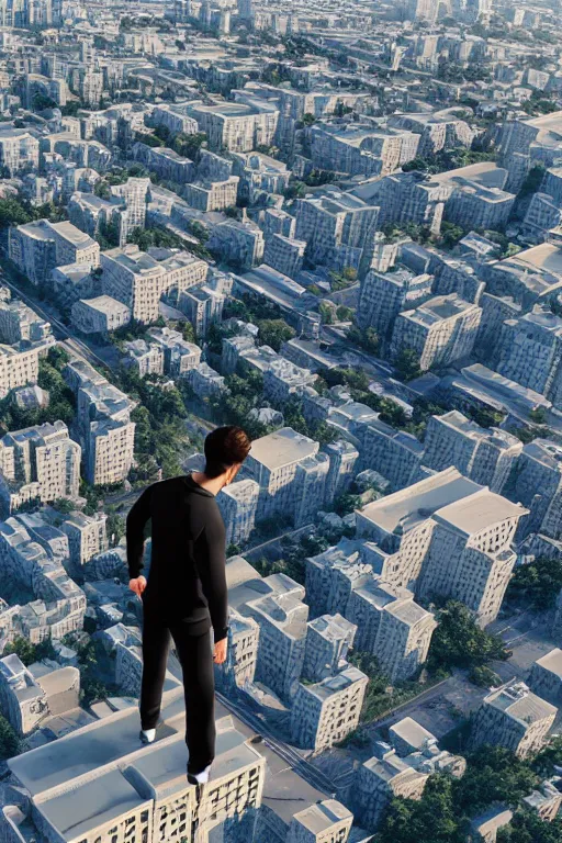 Image similar to Man in black adidas tracksuit looking atop of a urban plateau filled with soviet apartment buildings, golden hour, dreamy, beautiful clouds, ultra detailed beautiful lighting, floating sakura, windy, 4k, wallpaper, cityscape, beautiful artwork by Makoto Shinkai