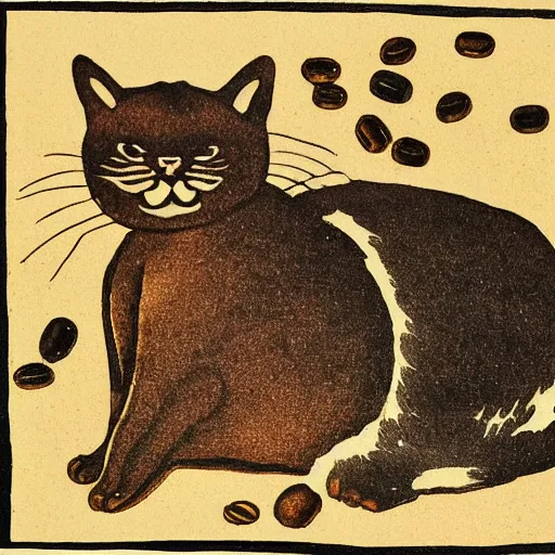 Image similar to cat made of coffee beans in lithography style of ogata korin