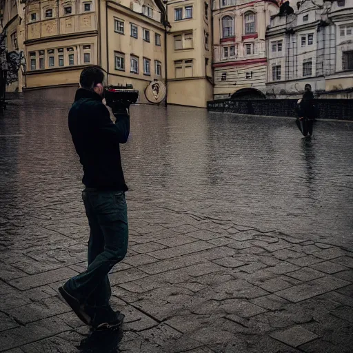 Image similar to a man shooting a laser gun on a rainy day in prague, photography, movie still, dslr 5 5 mm, 4 k