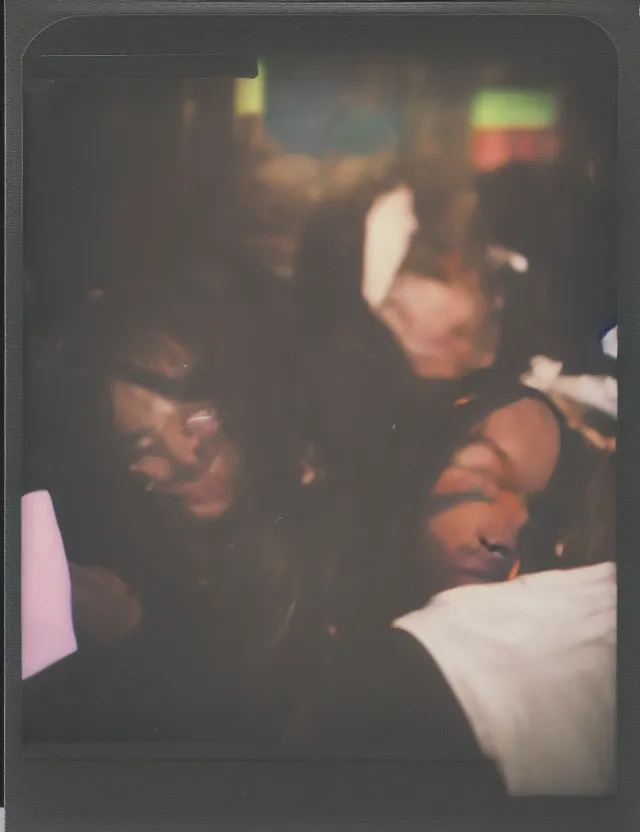 Image similar to wide angle, low angle view polaroid photo with flash, in nyc subway woman sleeping on a shoulder of a male stranger, in a metro, cool colors, bleached strong lights, kodak film stock, hyper real, stunning moody cinematography, with anamorphic lenses, by maripol, detailed