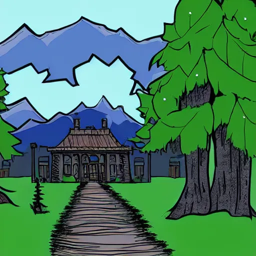 Prompt: digital art of a spooky mansion in the woods with mountains in the back, a trail leads to the doors. vampires and stuff.