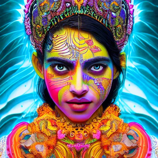 Image similar to the face of a ridiculously beautiful and pretty indian woman partially made of onion rings of all colors looking down, an ultrafine detailed illustration by james jean, final fantasy, intricate linework, bright colors, behance contest winner, vanitas, angular, altermodern, unreal engine 5 highly rendered, global illumination, radiant light, detailed and intricate environment