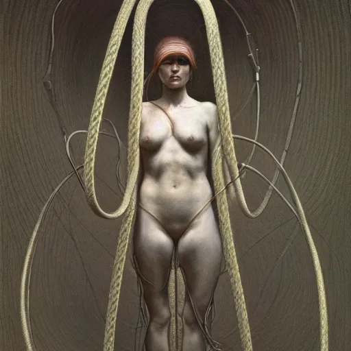 Prompt: photo of a woman wrapped around by tubes and cables, by Edgar Maxence and Ross Tran, Zdzisław Beksiński, and Michael Whelan, distant, gustav dore, H.R. Giger, 8k, octane render