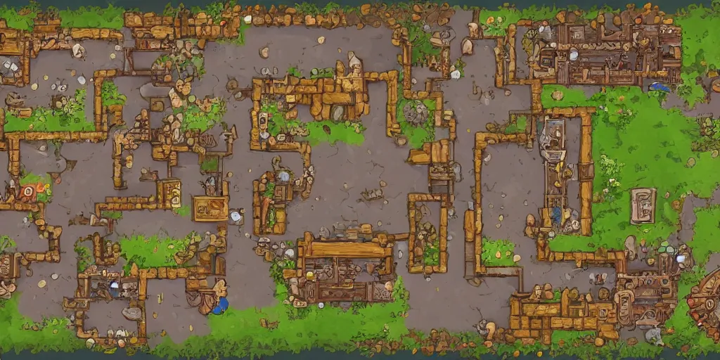 Prompt: A high detailed vector art presenting an aerial view of a cartoonish RPG tavern by dungeondraft, dofus, Patreon content, containing tables and walls, HD, straight lines, vector, grid, dnd map, map patreon, fantasy maps, foundry vtt, fantasy grounds, aerial view ,dungeondraft , tabletop, inkarnate, dugeondraft, roll20