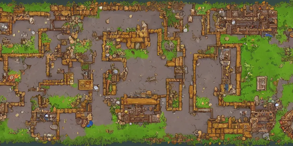 Image similar to A high detailed vector art presenting an aerial view of a cartoonish RPG tavern by dungeondraft, dofus, Patreon content, containing tables and walls, HD, straight lines, vector, grid, dnd map, map patreon, fantasy maps, foundry vtt, fantasy grounds, aerial view ,dungeondraft , tabletop, inkarnate, dugeondraft, roll20