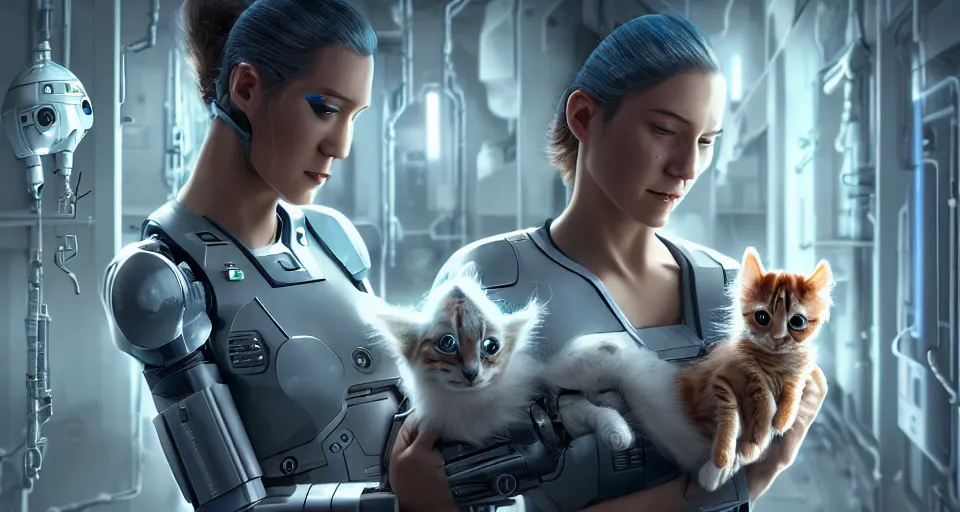 Prompt: a very realistic movie still of a cyborg woman holding a kitten puppy in a cyborg factory, highly detailed render by beeple, syd meade, starwars, space art concept, sci - fi, digital art, unreal engine, wlop, trending on artstation, 4 k uhd image, octane render