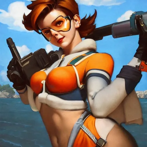 overwatch's tracer in a 1 9 5 0's pinup art,, Stable Diffusion