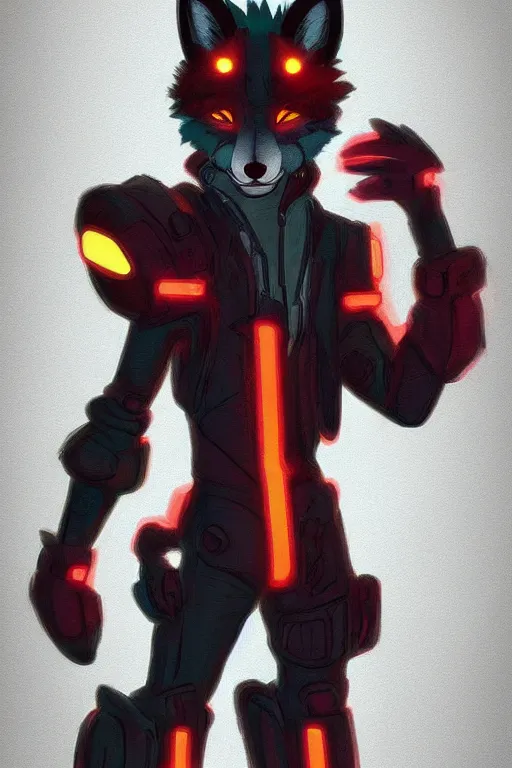 Image similar to a cyberpunk anthropomorphic fox with a fluffy tail, comic art, trending on furaffinity, cartoon, kawaii, backlighting, furry art!!!, neon, concept art