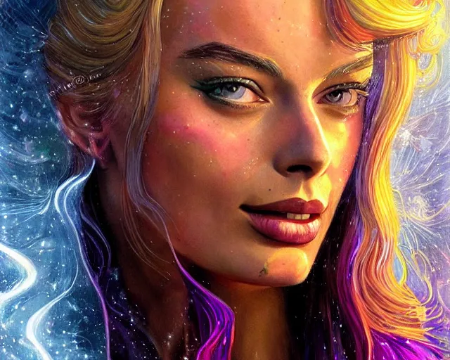 Image similar to margot robbie as a beautiful magician casting colorful spells, fantasy art, in the style of JOHN STEPHENS, illustration, epic art, fantasy, intricate, elgant, amazing detail, digital painting, artstation, concept art, smooth, sharp focus